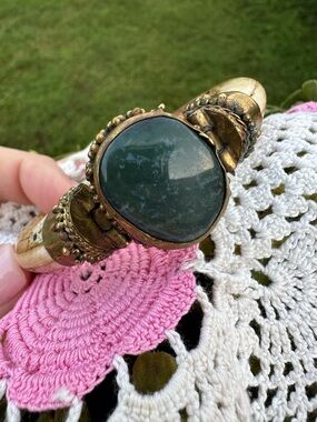 Gold-Tone Bone Cuff Bracelet with Dark Green Stone